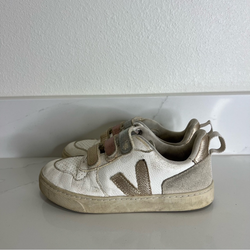 Veja V-10 Bonpoint Almond Multicolor Suede Kids Sneakers Velcro Straps Size 1